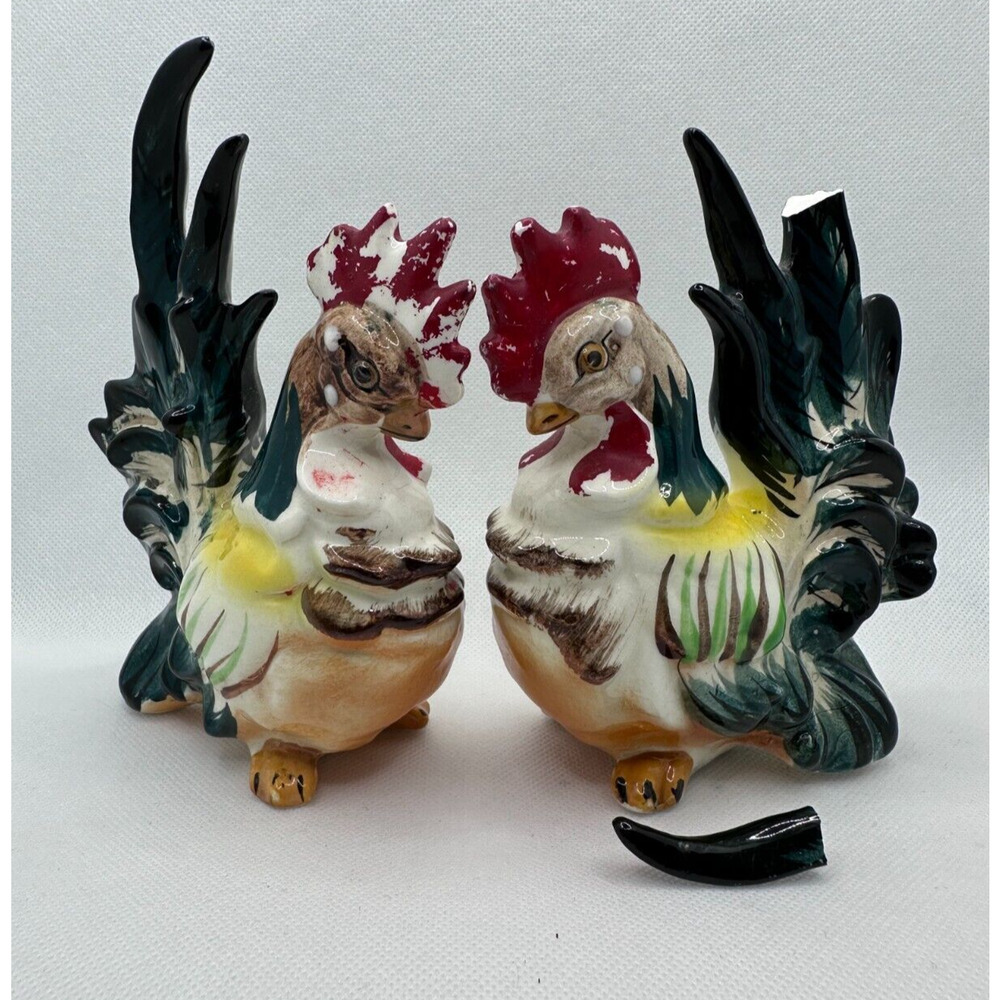 Vintage MidCentury Porcelain Rooster Pair, Japan-6" Tall, As-Is Country Quirky